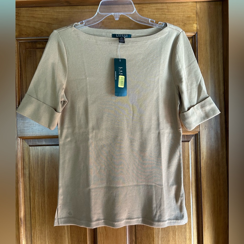 Lauren Ralph Lauren Beige Short-Sleeve Boatneck Top with Cuffed Sleeves